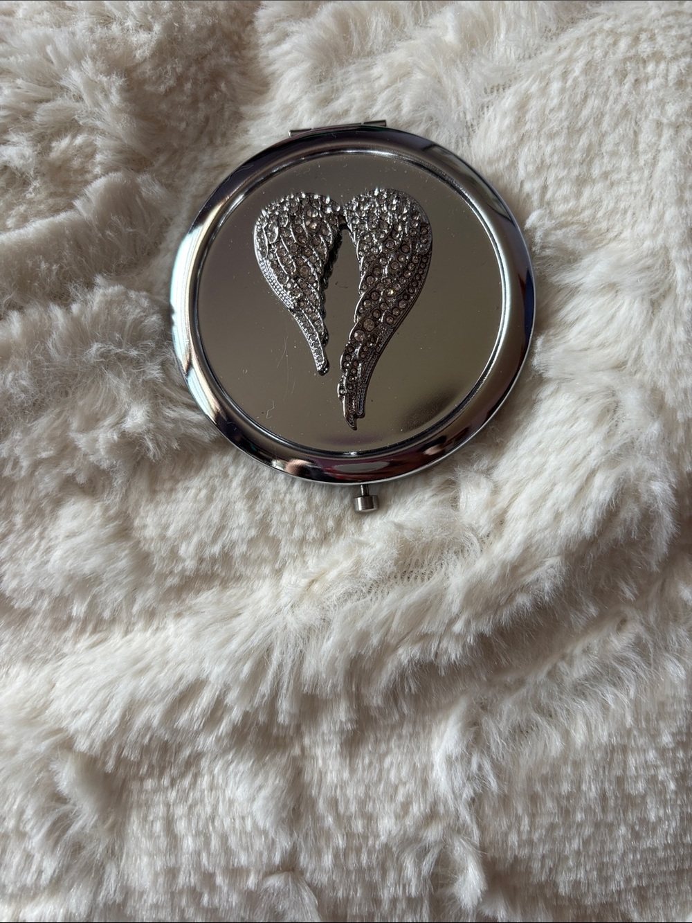 Silver Winged Compact Mirror - Rhinestone Accent